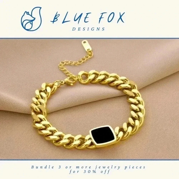 NEW 18K Gold Plated Stainless Steel Bracelet - Cuban Style w/ Black Center Piece - Picture 1 of 6